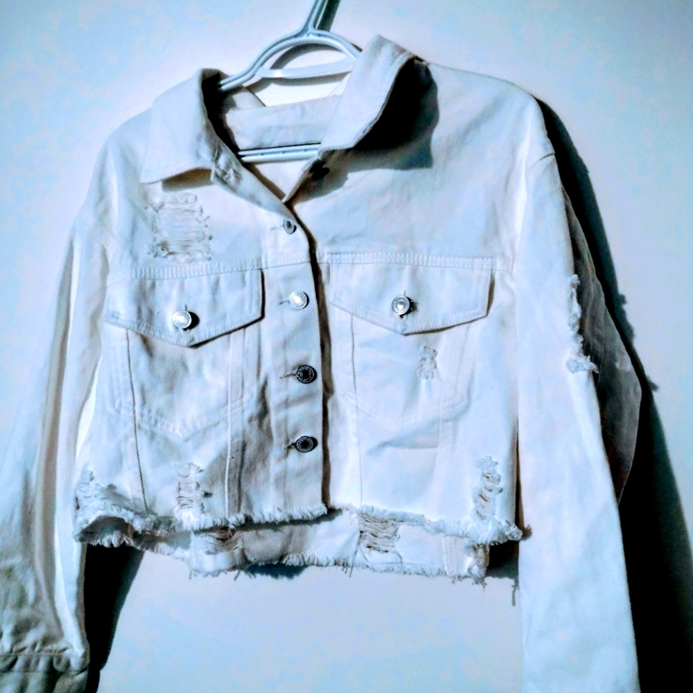 SHEIN White Distressed Jean Jacket